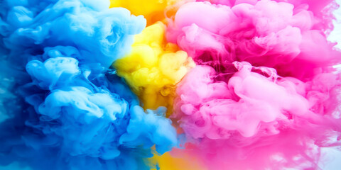 Fototapeta premium Vibrant Ink Swirls in Water: Pink, Blue, and Yellow Smoke Effect