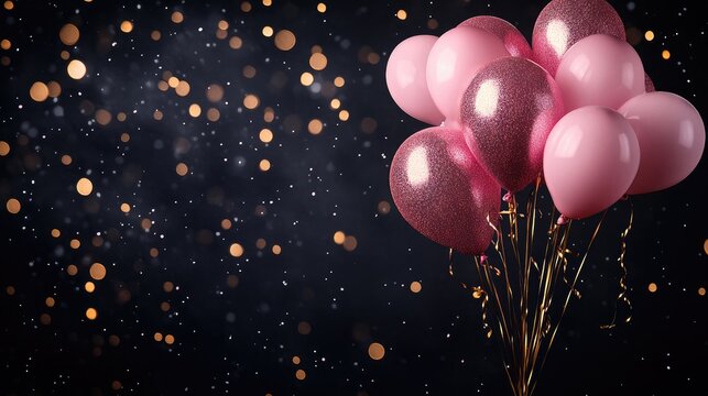 Glittery pink balloons on a black background ideal for birthday or Valentine's Day celebration greetings and card designs.