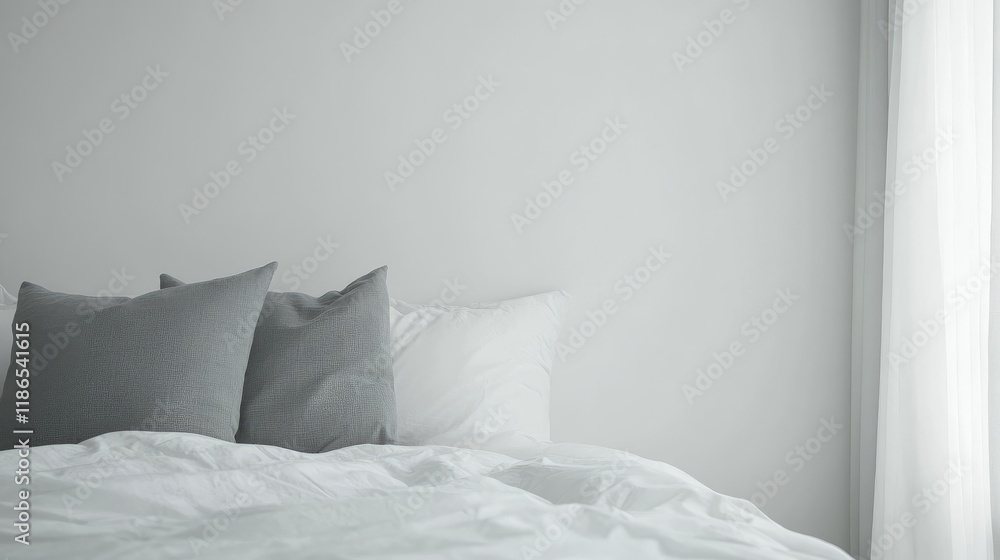 Poster serene bedroom setting featuring soft white and gray bedding with minimalist decor and ample blank s