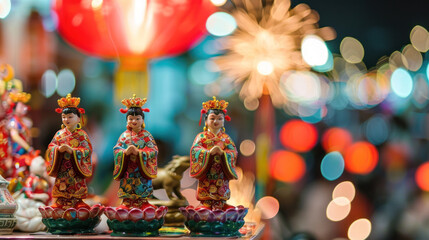 Fototapeta premium Chinese New Year snake figurines, bustling street festival, performers in traditional costumes, colorful fireworks in the background, festive mood