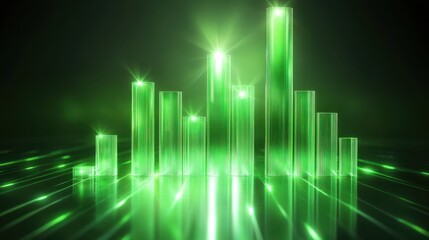 Green financial chart with ascending graphs bright lighting representing market growth and progress