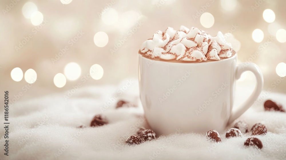 Aufkleber steaming cup of hot chocolate topped with marshmallows on a soft snowy background with holiday bokeh
