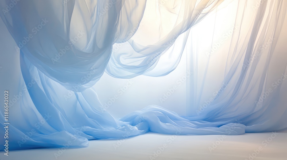 Poster delicate blue and white fabric drapery with soft blur studio lighting creating a serene and calming 