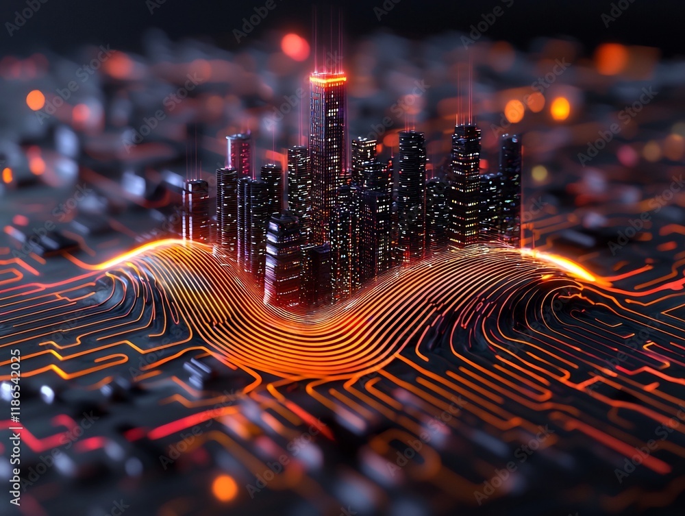 Poster cascading waves of brilliant light ripple across a hyper futuristic techno organic cityscape creatin