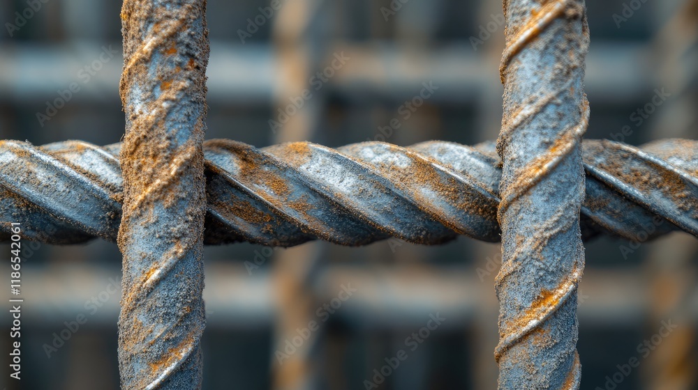 Poster close-up of twisted steel reinforcement bars showing texture and rust at a construction site for con