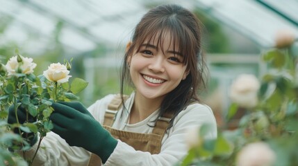 Obraz premium Smiling Gardener: A young woman with a radiant smile tends to delicate white roses in a vibrant greenhouse, embodying serenity and the joy of nurturing life.