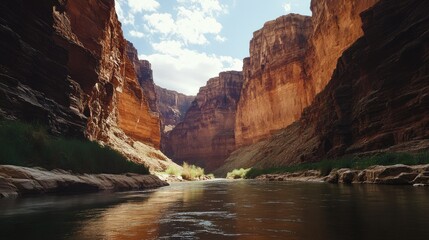 Majestic steep-sided canyon with towering cliffs and tranquil river flowing through natural landscape under a dramatic sky