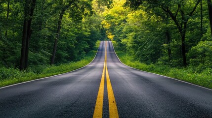 Fototapeta premium Scenic Road Bending Through Lush Green Forest with Sunlight Filtering Through Trees