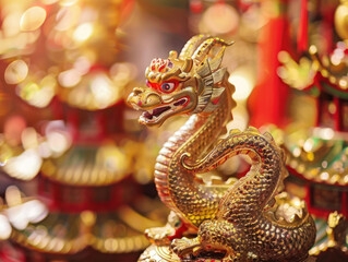 Obraz premium Chinese New Year snake figurines, detailed close-up of traditional Chinese decorations, intricate patterns, rich textures, warm golden lighting