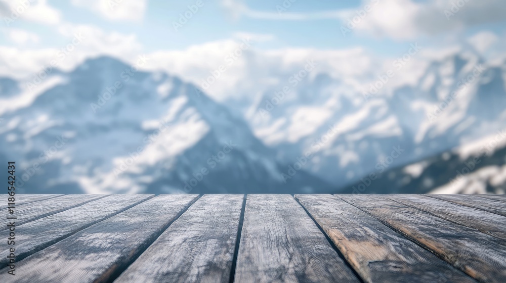 Poster mountainous landscape with soft focus background and empty weathered wooden tabletop ready for displ