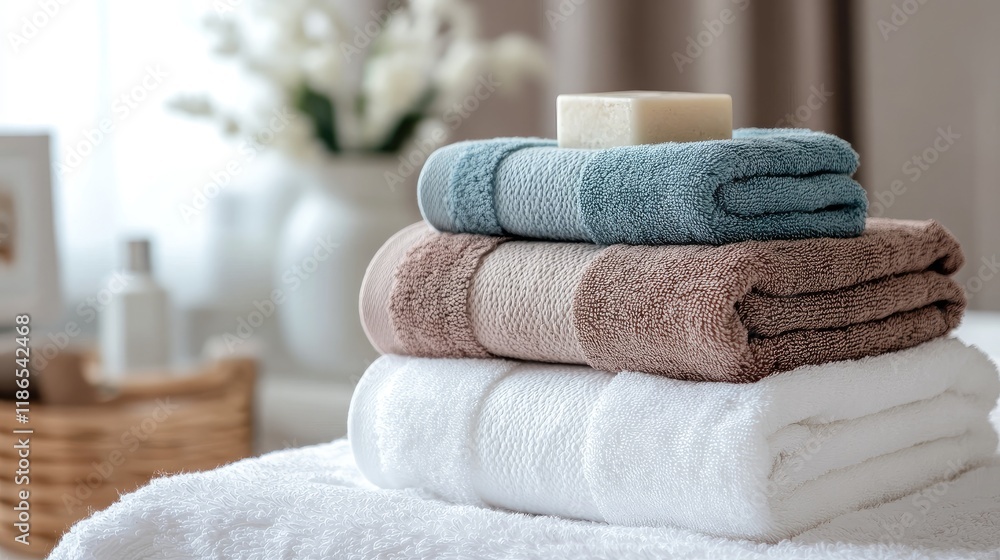 Poster cozy stack of luxurious towels in soft colors atop a plush white surface with decorative elements in