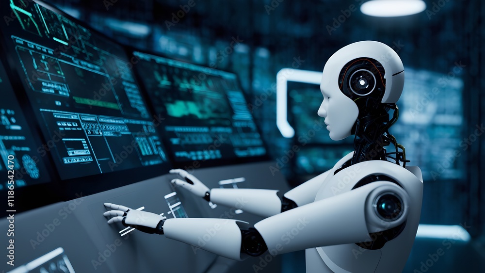 Poster robotic automation systems analyzing data high-tech lab digital imagery futuristic environment close