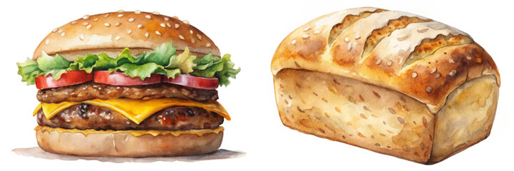 Watercolor food illustration, delicious hamburger, fresh ingredients, golden bread loaf, culinary art, vibrant colors.