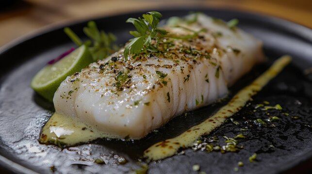Basa fish fillet garnished with lime and herbs served on a black plate drizzled with sauce and fresh greens garnishing