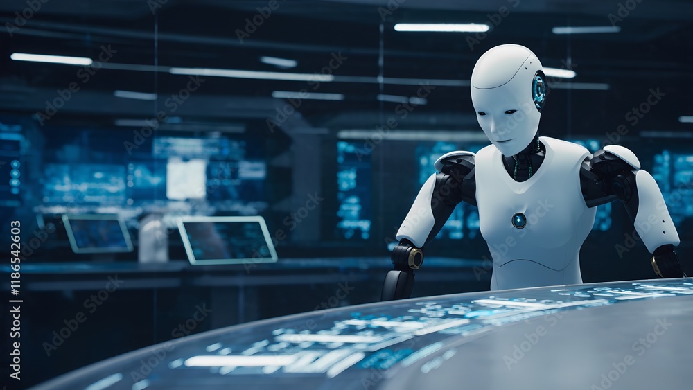 Aufkleber robotic intelligence analysis futuristic lab digital artwork high-tech environment close-up automati