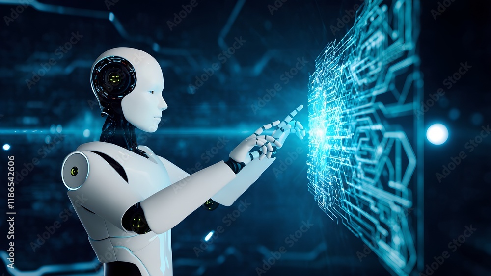 Poster robotic interaction with digital interface futuristic laboratory technology virtual environment clos