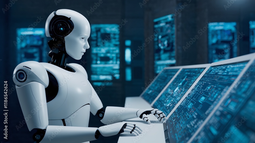 Poster robotic interaction with advanced technology systems futuristic lab digital interface high-tech envi