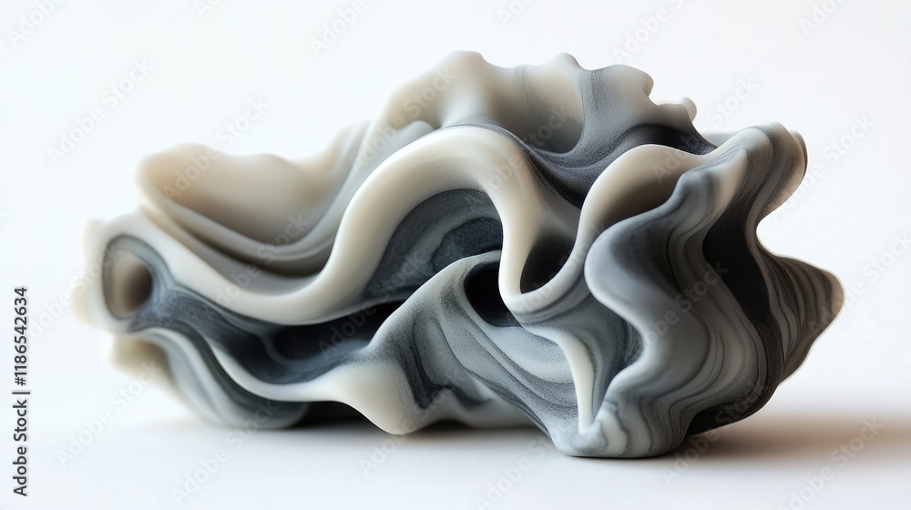 Poster abstract gray polymer clay sculpture with soft camouflage patterns and flowing forms showcasing mode