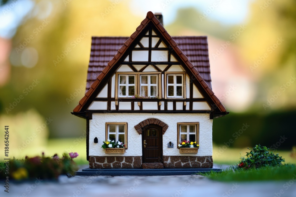 Poster a small scale model of a house displayed on a table, ideal for decoration or display