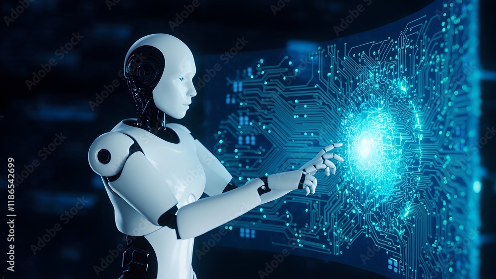 Poster robotic interaction with digital interfaces futuristic lab technology illustration virtual environme