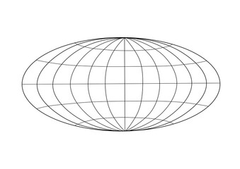 A sphere in the shape of an ellipse, intersected by meridians and parallels, creating a grid. Such a model can be used for engineering, scientific and educational purposes. On white background © SAZHIDA