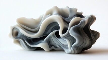 Abstract gray polymer clay sculpture with soft camouflage patterns and flowing forms showcasing modern design aesthetics.