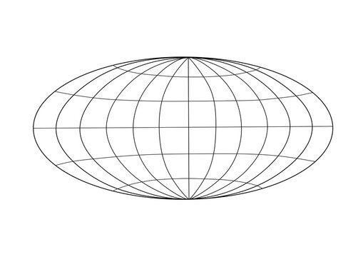 A sphere in the shape of an ellipse, intersected by meridians and parallels, creating a grid. Such a model can be used for engineering, scientific and educational purposes. On white background