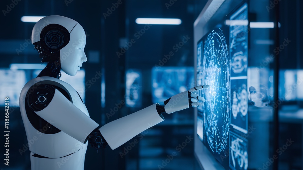 Poster exploring advanced robotics interaction tech laboratory digital artwork futuristic environment close