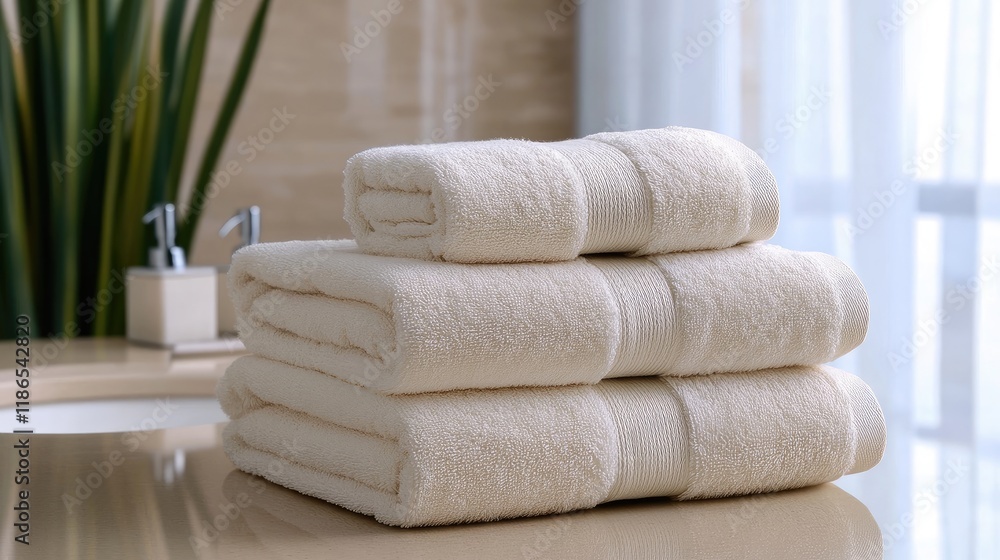 Poster luxury plush towels stacked neatly on a countertop in a modern bathroom setting with natural light a