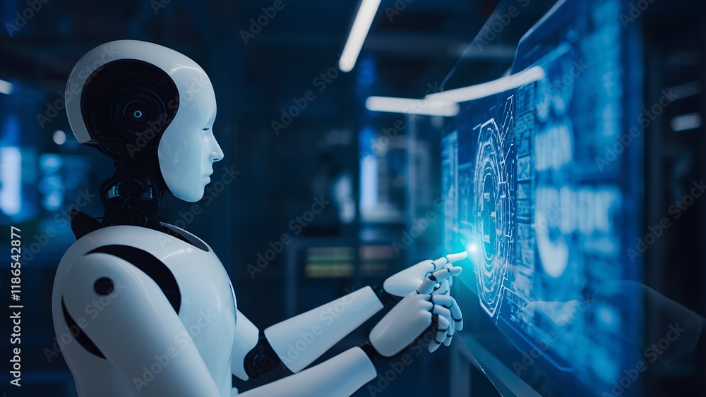 Poster robotic arm interacting with holographic interface futuristic lab digital technology sci-fi environm