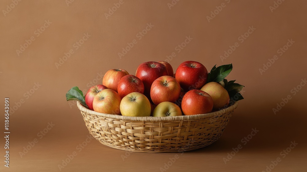 Poster basket of fresh apples in a straw basket against a neutral background with space for text and produc