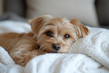 Adorable puppy relaxing on soft white blanket: conveying comfort and warmth