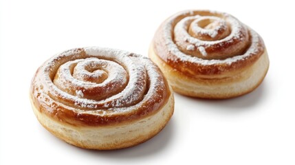 Fototapeta premium Freshly baked cinnamon rolls on a white background topped with powdered sugar and featuring a delicate swirl design.