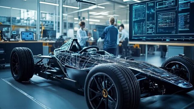 Advanced Formula Race Car Prototype Design with Engineers in Modern Workshop
