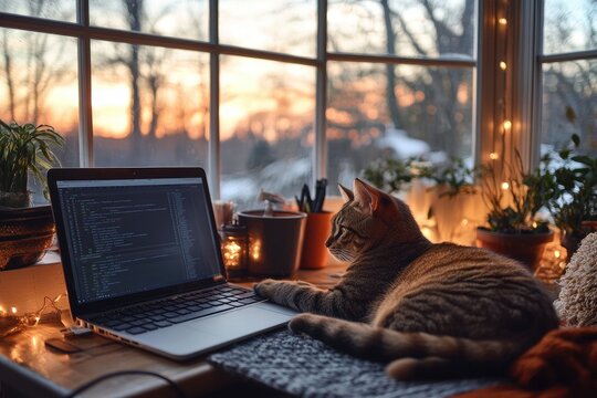 Cat relaxing near laptop showing code on cozy desk by window at sunset