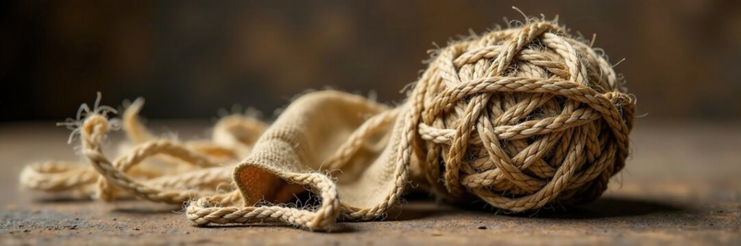 Ball wrapped in a bundle of rolled hemp twine, package, woven, fabric