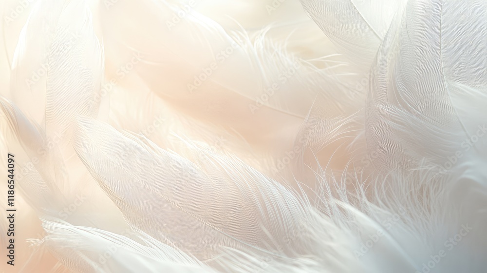 Poster delicate white feathers on soft background for tranquil and serene design themes