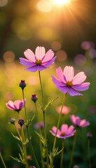 Fototapeta premium Softly glowing mauve cosmos petals unfurl in the warm sunlight amidst the tall grass, garden, cosmos, meadow