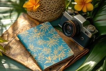 Tropical travel journal, map, and camera evoking wanderlust