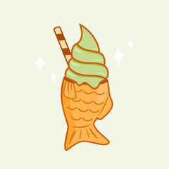 Taiyaki or bungeoppang, fish shaped bread cake with Ice Cream. Japanese and korean Street Food Illustration