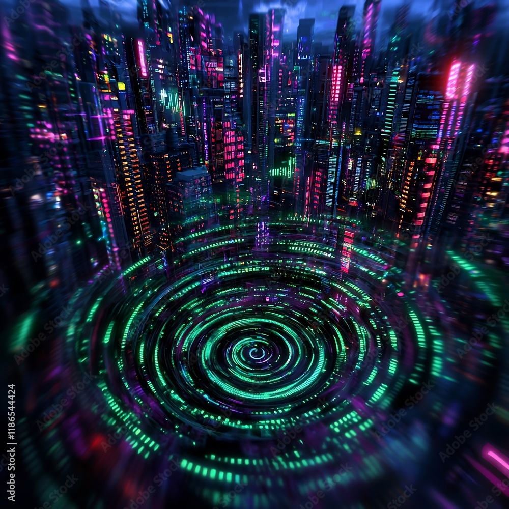 Poster Luminous Ripples of Motion and Color Cascading Through a Surreal Digital Cityscape