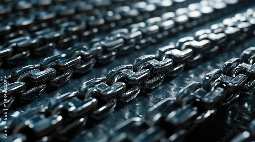 Poster steel chains arranged in rows showcasing depth of field highlighting texture and metallic shine in i
