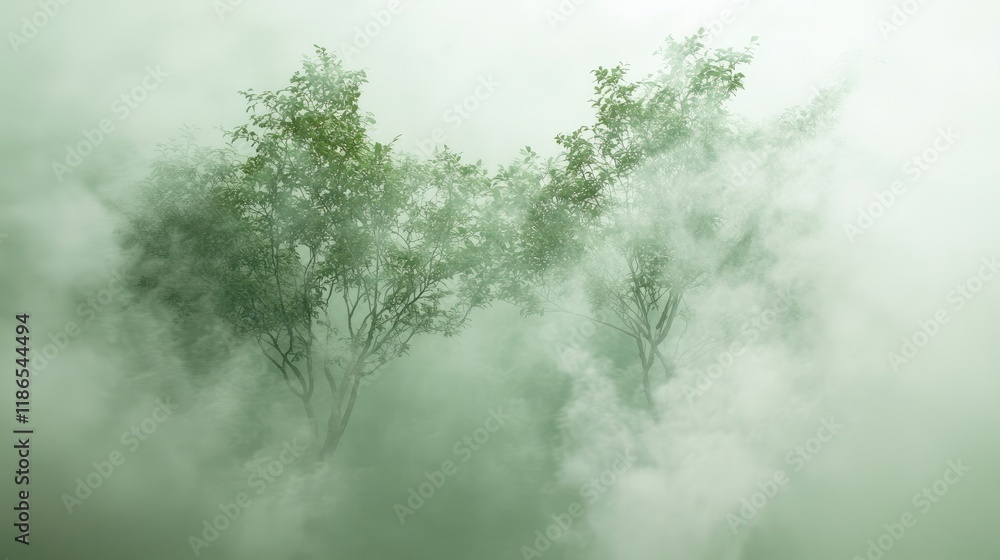 Poster misty forest scene with trees partially obscured by soft fog creating an ethereal atmosphere in natu