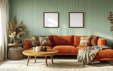 Cozy autumn living room with orange sofa, wooden coffee table, and pampas grass