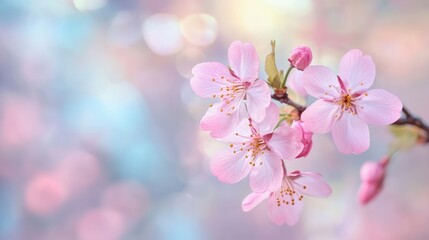 Delicate pink cherry blossoms in soft focus against a dreamy blurred background for a serene and captivating spring atmosphere