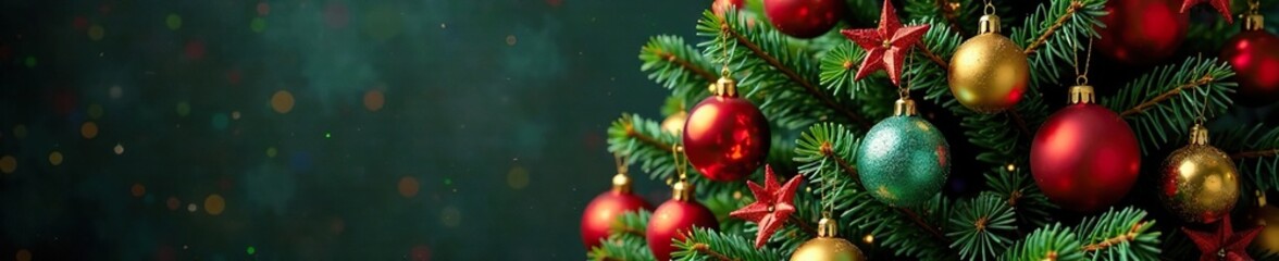 Fototapeta premium Christmas tree adorned with colorful glass ornaments, festive flowers, holiday garlands