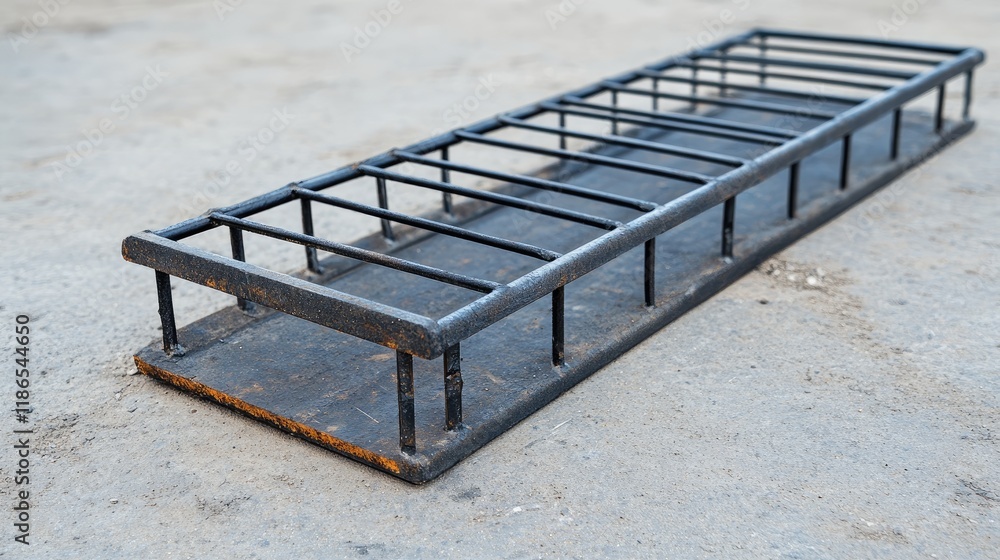 Poster steel reinforcement bar framework for construction on concrete surface demonstrating structural supp