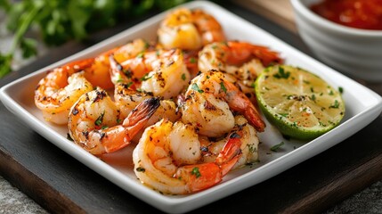 Grilled shrimp served with lime and sauce on a plate showcasing vibrant seafood cuisine and culinary presentation.