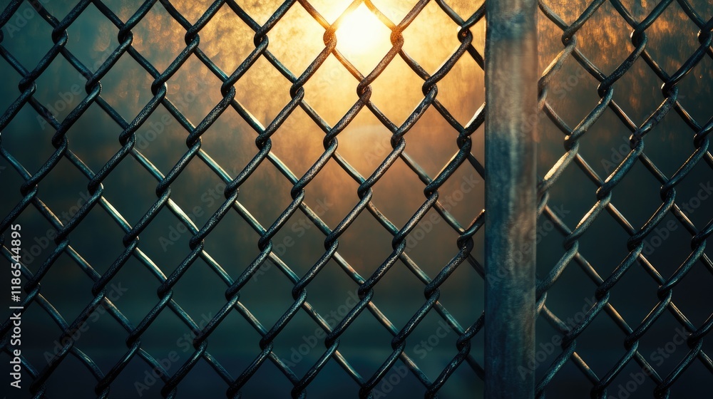 Poster steel wire mesh fence with sunlight creating an atmospheric background effect highlighting the intri