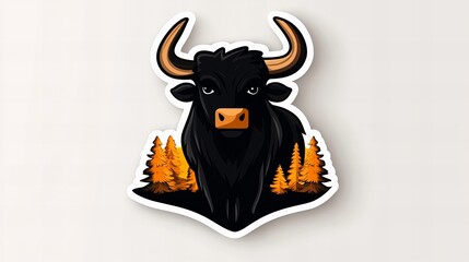 Naklejka premium Powerful black bull sticker design, set against a backdrop of autumnal trees. A striking image, perfect for nature and animal lovers.
